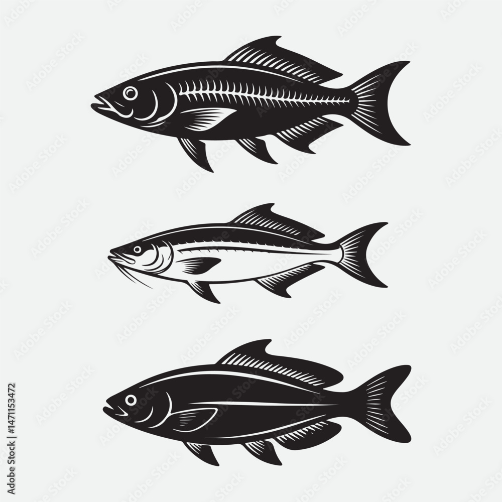 Fototapeta premium Diverse Aquatic Forms: A graphic arrangement of diverse fish illustrations showcases unique aquatic life with detailed designs.