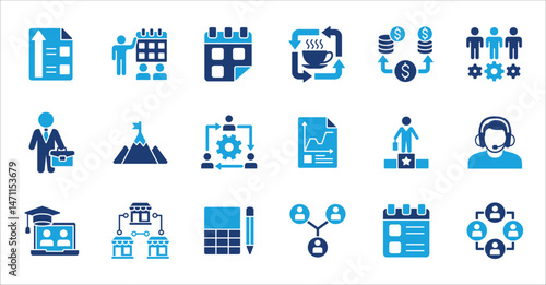 Business management company colored flat icon set. Contains symbol of finance, success, data, businessman, target, customer service, work, money, store, meeting, education, idea. Vector illustration