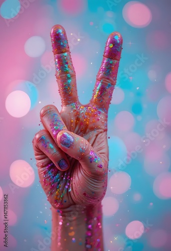 A Hand Covered in Sparkling Glitter Forming a Peace Sign Against a Dreamy Pastel Background