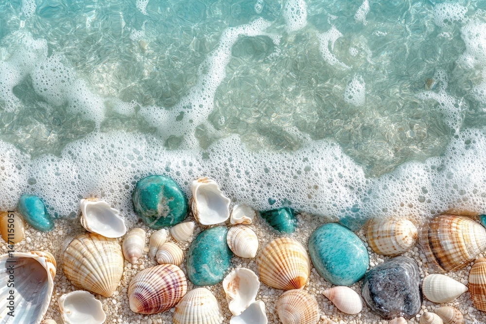 Seashore scene with shells and turquoise stones Seashore scene with shells and turquoise stones