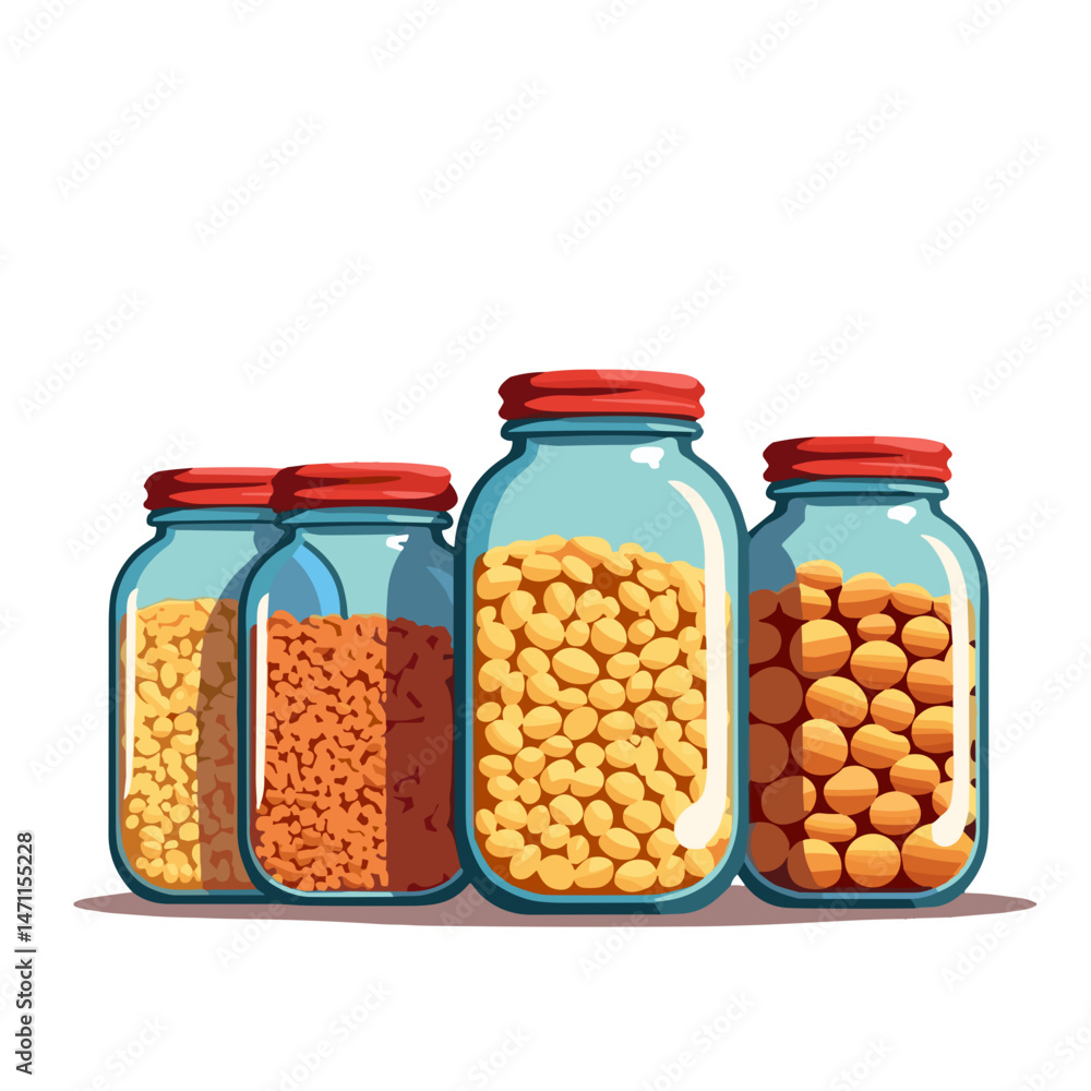 Mason jars filled with grains on white background, pop art symbolism Mason jars filled with grains on white background, pop art symbolism