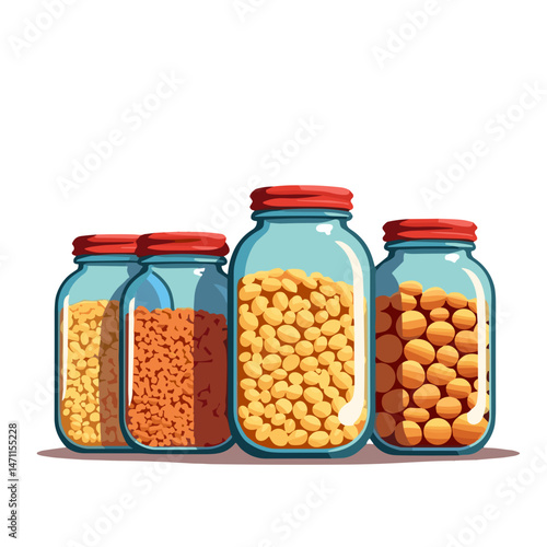 Mason jars filled with grains on white background, pop art symbolism