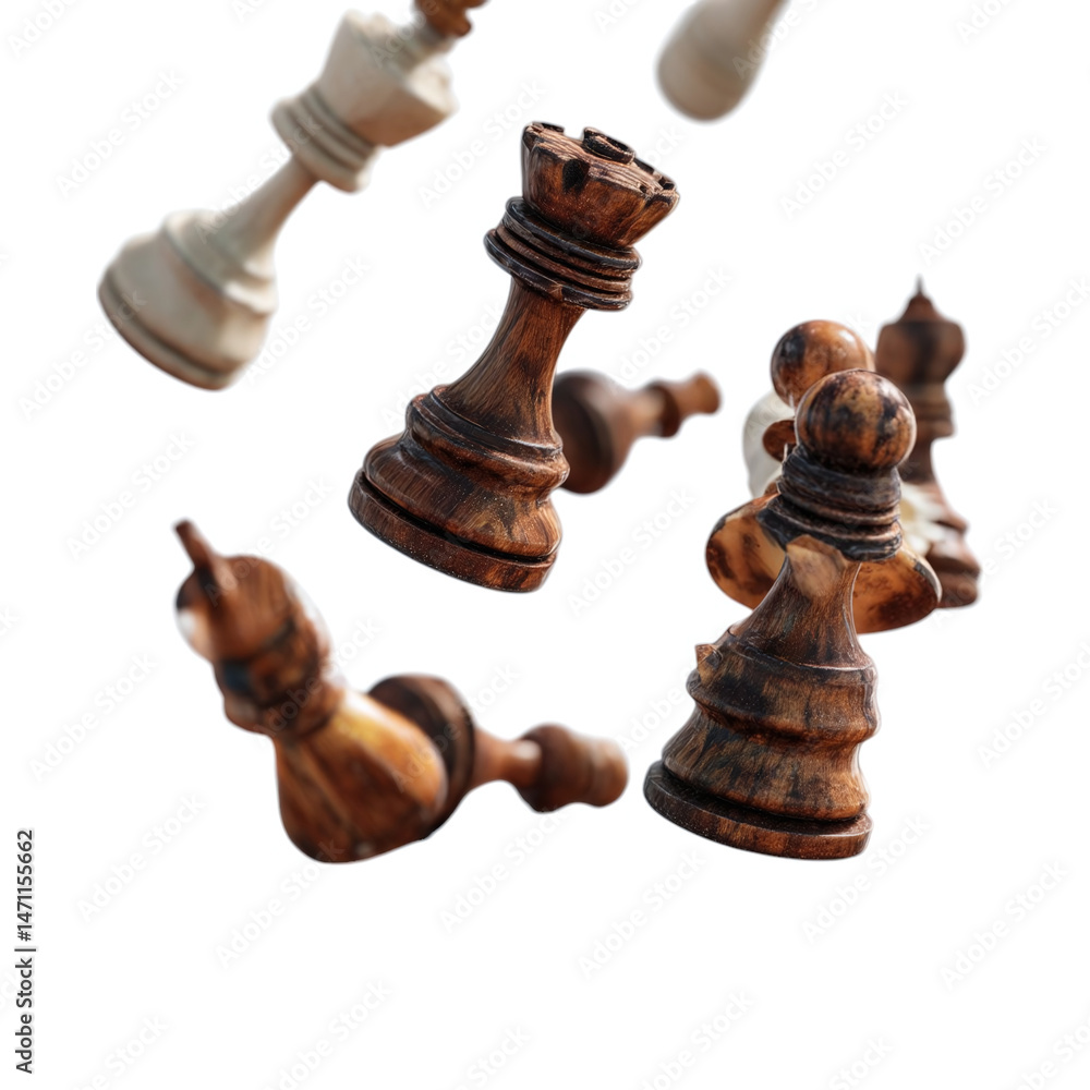 Falling chess pieces on board mid-motion isolated on transparent background ultra realistic 8k --v 7.0
