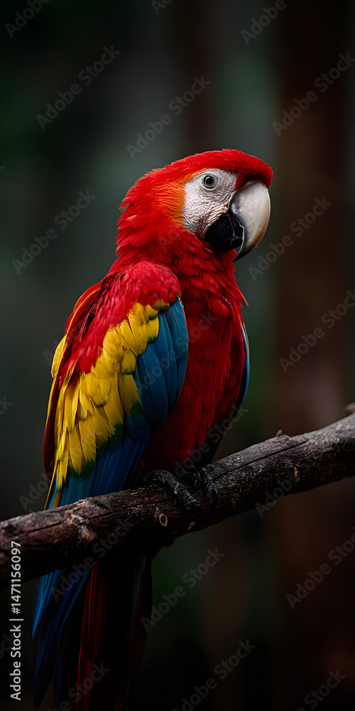 Fototapeta premium Vibrant Parrot Perched in Lush Jungle Foliage