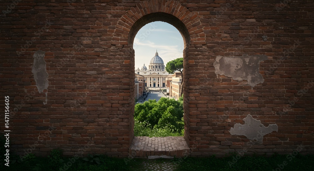 Fototapeta premium Viewing Cityscape Through Archway in Aged Brick Wall