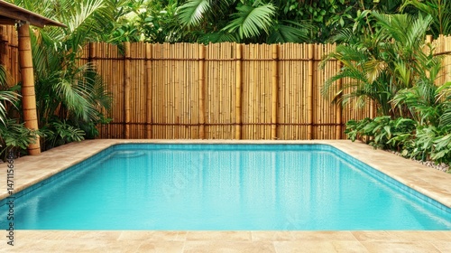 Tropical backyard oasis with a square pool and bamboo fence.