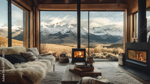 Cozy cabin interior with stunning mountain lake view during winter evening