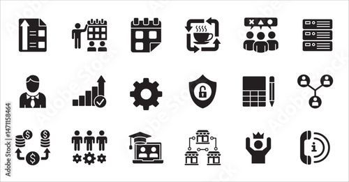 Business company flat icon set. Management icons. Contains symbol of finance, success, data, businessman, target, customer service, work, money, store, meeting, education, idea. Vector illustration