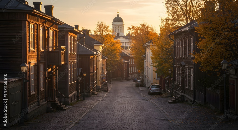 Fototapeta premium Walking on Cobblestone Street in City During Autumn