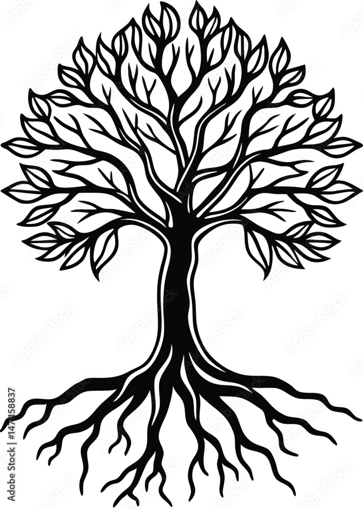 Obraz premium Tree with Roots Silhouette on White Background