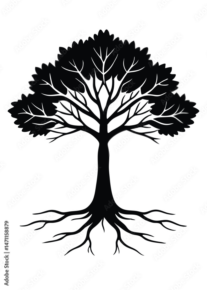 Obraz premium Tree with Roots Silhouette on White Background