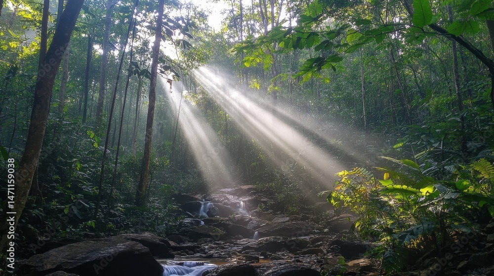 Obraz premium Sunlight filters through tall trees in a tranquil forest setting during the late morning hours