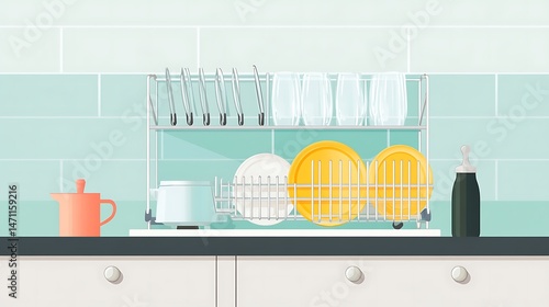 Kitchen Dish Drying Rack with Clean Dishes.