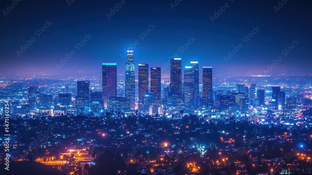 Fototapeta premium Night view of downtown Los Angeles skyline illuminated by city lights and starry sky