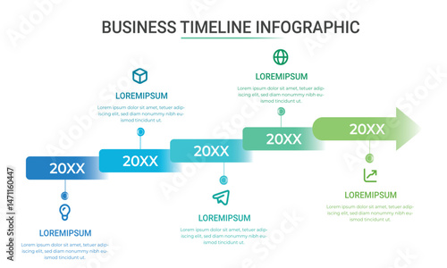 Modern business infographic for company milestones timeline template with flat icons. Easy to use for your website or presentation.