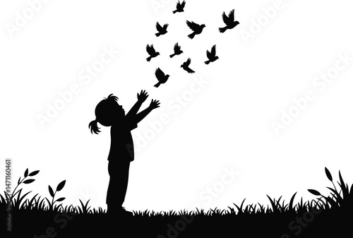 Child releasing birds silhouetted against white background depicting peace and freedom