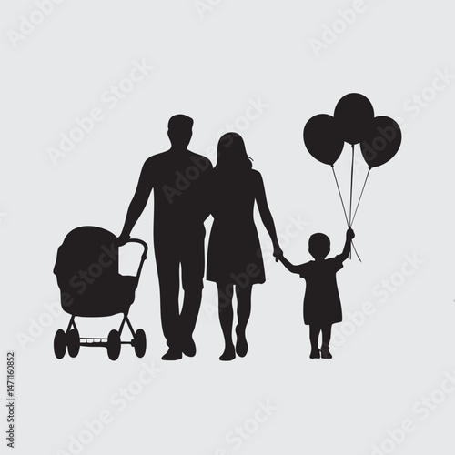 Family silhouette walking together holding hands with a baby stroller and balloons representing love
