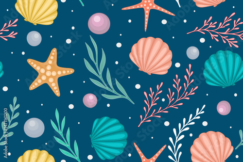 Under the sea life with shell starfish coral reef seaweed pearl seamless pattern background.