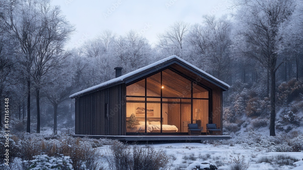 Cozy mountain cabin illuminated at dusk with snow-covered landscape and pine trees in winter setting Cozy mountain cabin illuminated at dusk with snow-covered landscape and pine trees in winter setting