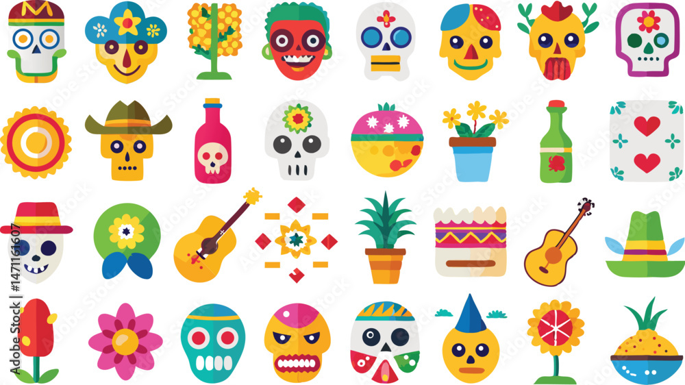 Obraz premium Cinco de Mayo and Day of the Dead Flat Color Icon Set Featuring Mexican Cultural Symbols