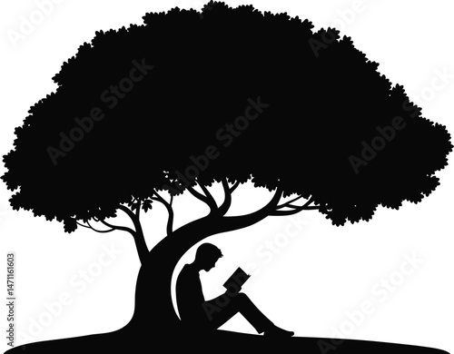 Silhouette illustration of a person reading a book under a large shady tree in nature