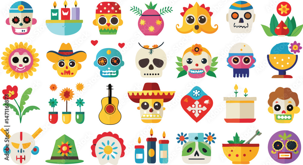 Access a Unique Set of Vector Icons Illustrating Key Aspects of Mexican Holidays Including Cinco de Mayo and Día de los Muertos Access a Unique Set of Vector Icons Illustrating Key Aspects of Mexican Holidays Including Cinco de Mayo and Día de los Muertos