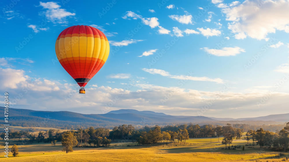 Fototapeta premium Hot air balloon flying against a beautiful landscape and blue sky background. 