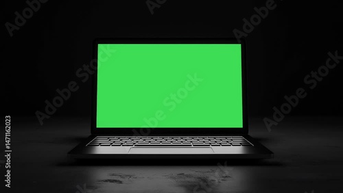 Animation of a laptop mockup with a green screen in a dark room