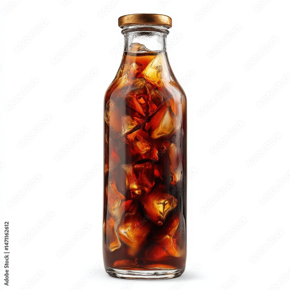 Refreshing Iced Coffee in Glass Bottle with Ice Cubes Perfect for Summer Cool Beverage Refreshing Iced Coffee in Glass Bottle with Ice Cubes Perfect for Summer Cool Beverage