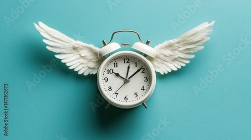 An alarm clock with angel wings, flying gracefully against a pastel background. This creative representation symbolizes the concept of time flies, time management, and free time