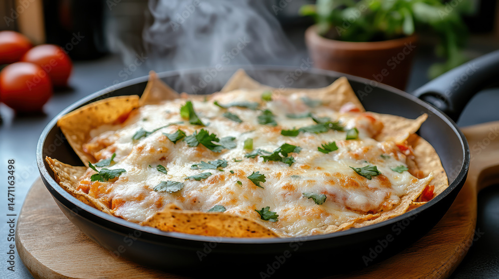 Closeup shot of nachos sizzling pan with melted cheese and fresh herbs, creating delicious aroma Closeup shot of nachos sizzling pan with melted cheese and fresh herbs, creating delicious aroma
