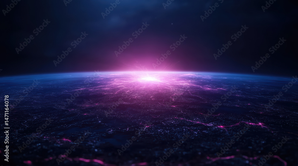 Fototapeta premium Stunning cosmic landscape showcasing vibrant purple glow over dark horizon, evoking sense