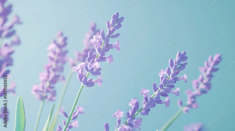 Naklejka premium Lavender Flowers with Soft Blue Background.