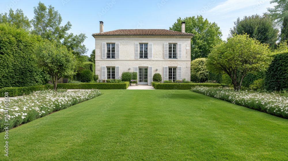 Fototapeta premium Luxurious real estate property featuring beautiful garden, manicured lawn, and elegant