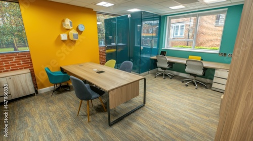 Stylish modern workspace with focus on glass partition details and chrome handles