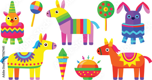 Colorful Pinatas Featuring Llamas And Donkeys For Fiesta Graphic Designs