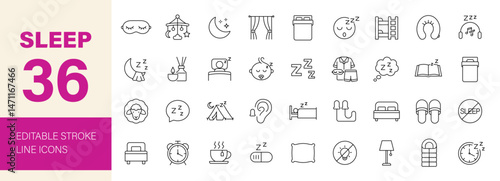 Sleep icon set. Containing bedroom, dream, pillow, sleeping, earplugs, moon, rest, lullaby, night, insomnia, bed, alarm clock and more. Editable line icons. Vector illustration.