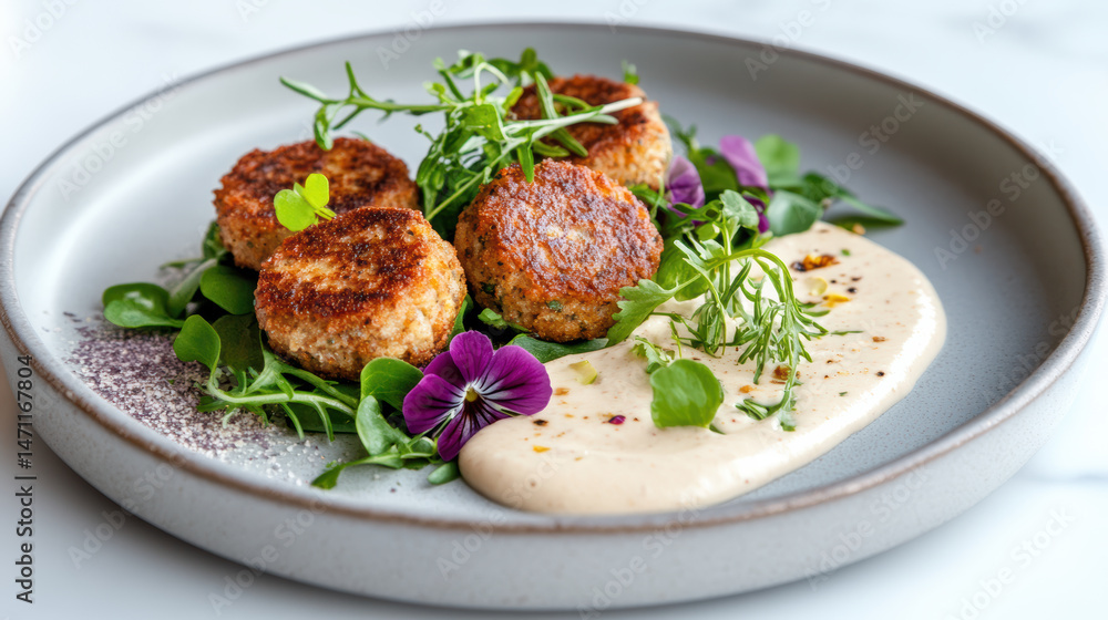 Crispy falafel served on plate with fresh greens and creamy sauce, garnished with edible flowers Crispy falafel served on plate with fresh greens and creamy sauce, garnished with edible flowers