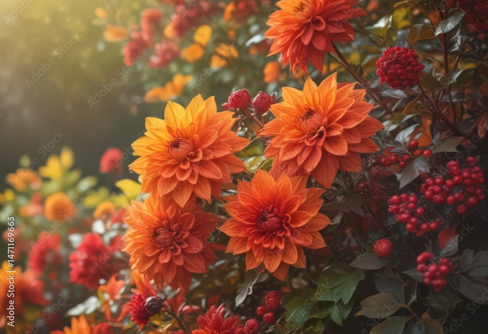 Soft-focus image of vibrant orange and red dahlias, maple leaves, and berries , botanical, macro Soft-focus image of vibrant orange and red dahlias, maple leaves, and berries , botanical, macro