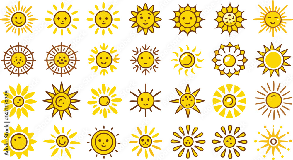 Doodle Collection of Yellow Sun Icons with Fun Scribbled Artwork Doodle Collection of Yellow Sun Icons with Fun Scribbled Artwork