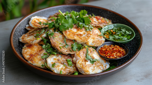 Wallpaper Mural Crispy oyster omelet served with flavorful dipping sauces, garnished with fresh herbs Torontodigital.ca