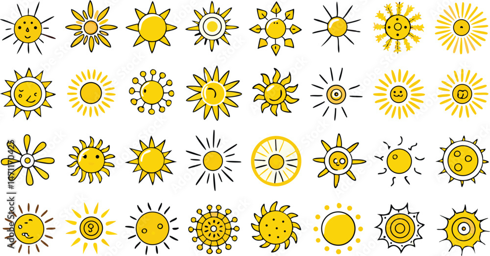 Doodle Style Sun Icons Set - Scribble Yellow Sun Design Doodle Style Sun Icons Set - Scribble Yellow Sun Design