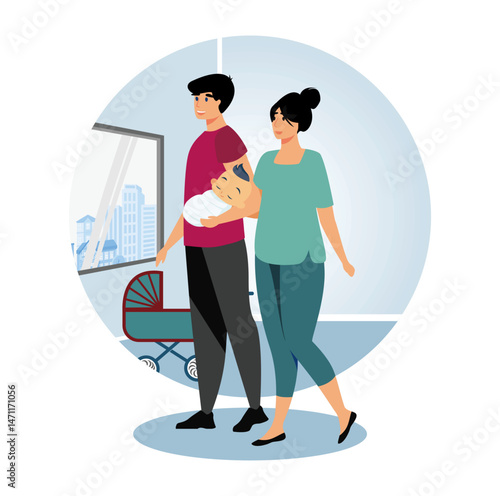 Family maternity paternity leave concept. Happy Family Strolling Together with Baby Near Park Scene.