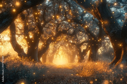 An enchanted forest border where time seems frozen