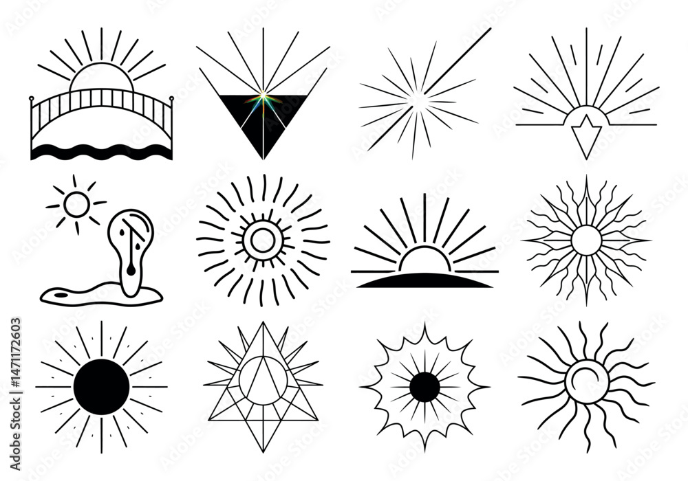 Obraz premium Line Icons for Sunrise and Sunlight: An Abstract Vector Set of Vintage Sun Symbols and Design Elements in Black and White