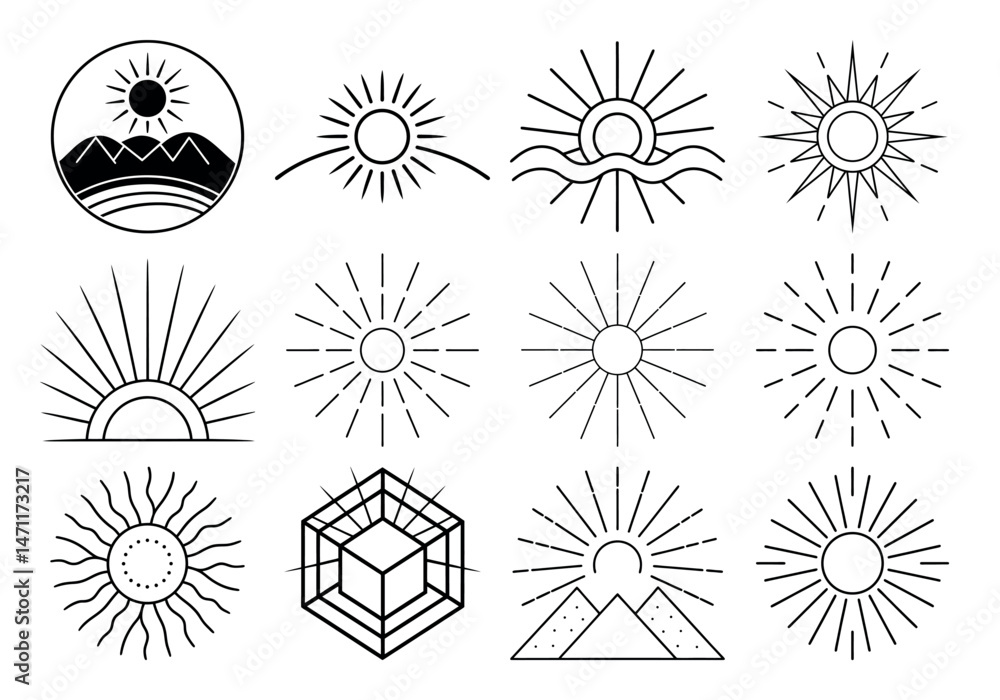 Obraz premium Simple Sunset Vector: One Line Abstract Sun Graphic on a White Background with a Vintage Feel