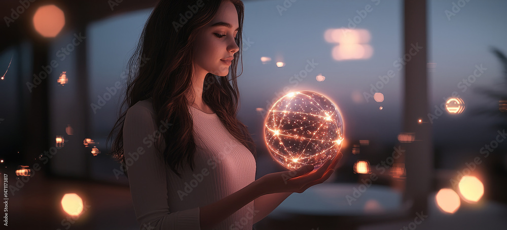 Naklejka premium Young woman holding glowing sphere, futuristic technology, serene evening, digital light
