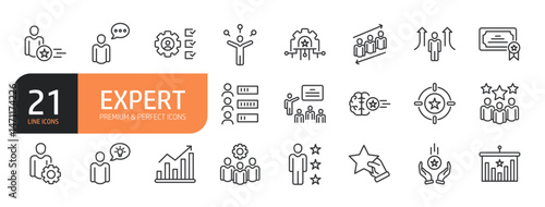 Set of line icons related to expert, competence, expertise, knowledge, skill, experience, advice and more. Outline icons collection. Editable stroke. Vector illustration.