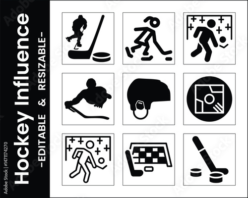 Collection Of Black And White Hockey Icons Featuring Players Equipment And Sport Elements