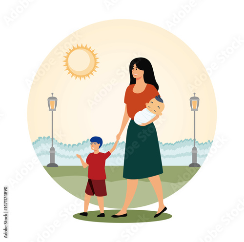 Mother and newborn child. Mother Walking in the Park with Children Under Bright Sunlight.